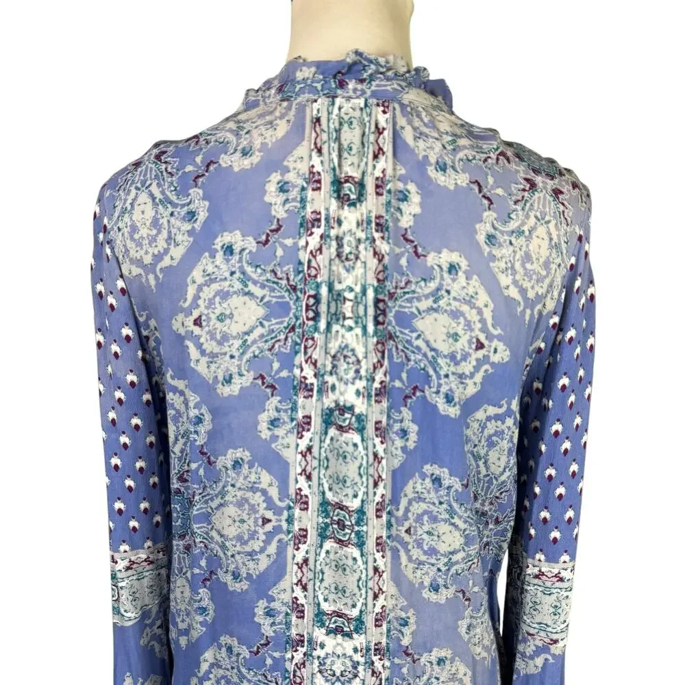 Free People Magic Mystery Sky Blue Print Long Flare Sleeve Boho Top